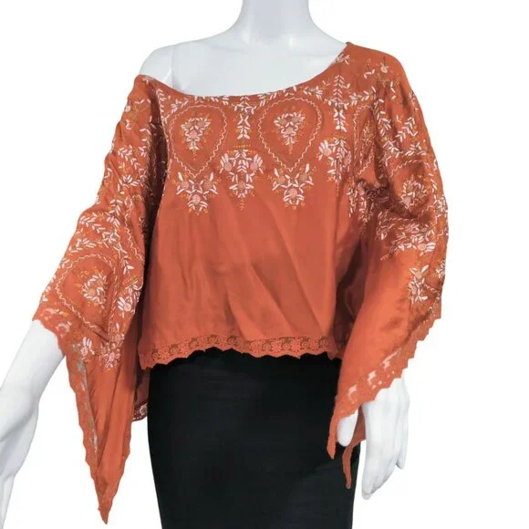 Free People Summer Boho Embroidered Batwing Tangerine Kimono Top Women's XS NWT - Picture 2 of 16